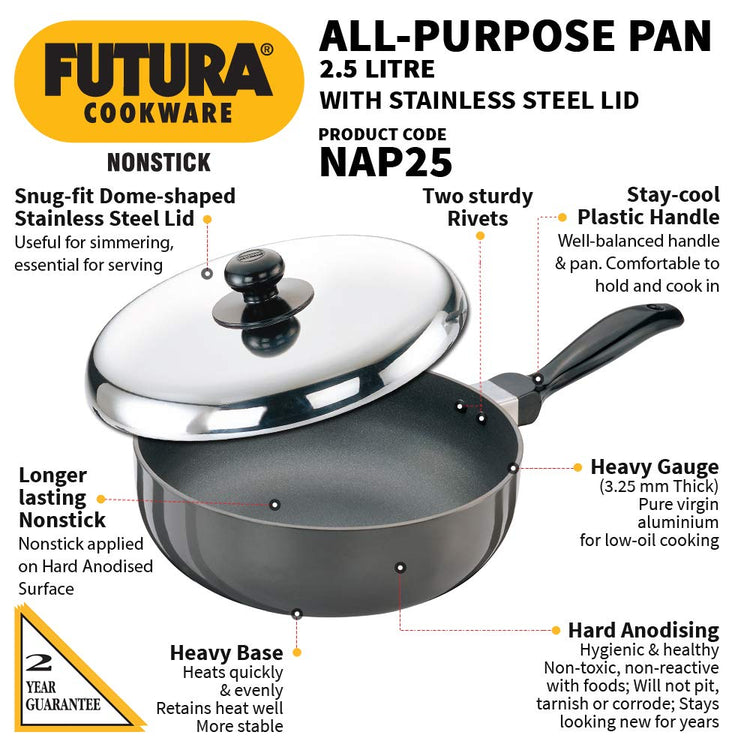 Hawkins Futura Nonstick All-Purpose Pan 2.5 Litres, 22 cm, 3.25 mm with SS lid - NAP 25