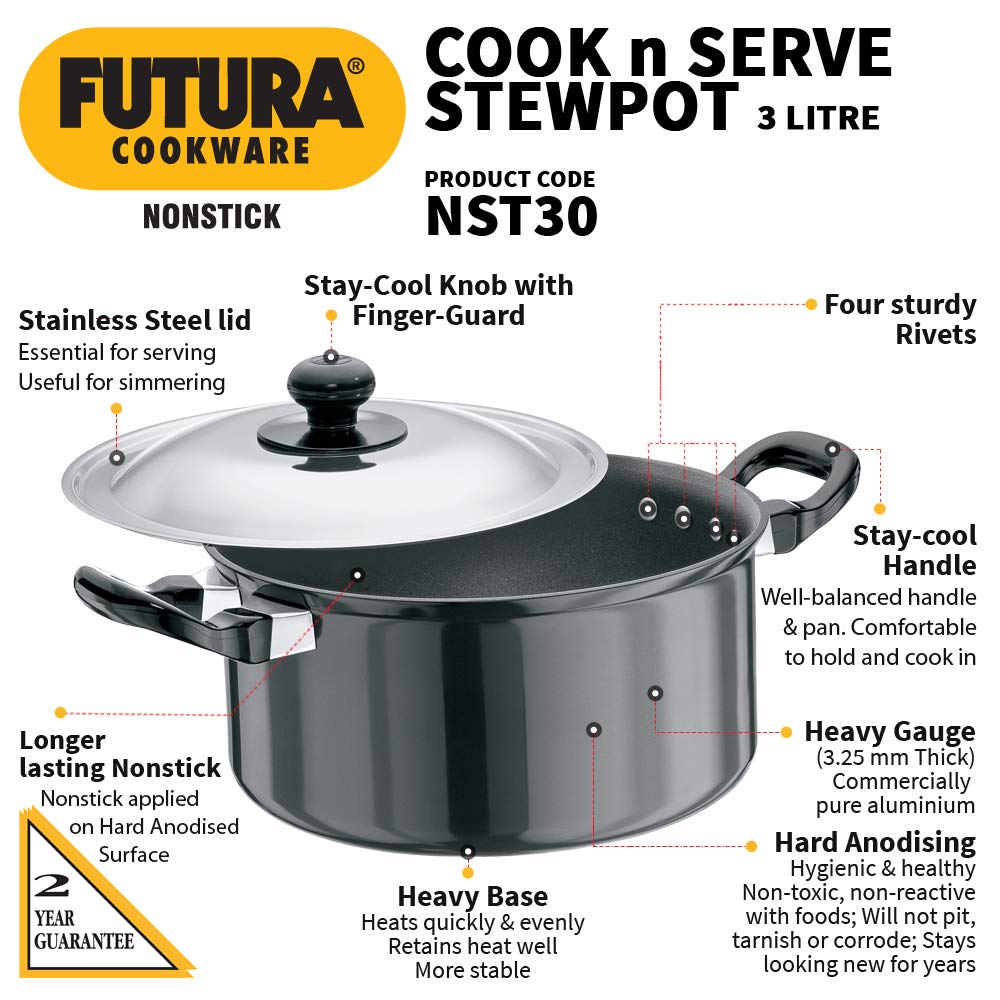 Hawkins Futura Hard anodised Cook and Serve Stew Pot | Casserole With Stainless Steel Lid 3 Litres | 20 cms, 3.25mm - NST 30