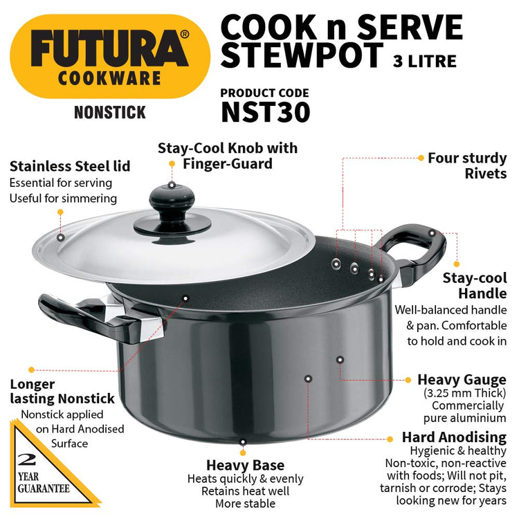 Hawkins Futura Hard anodised Cook and Serve Stew Pot | Casserole With Stainless Steel Lid 3 Litres | 20 cms, 3.25mm - NST 30