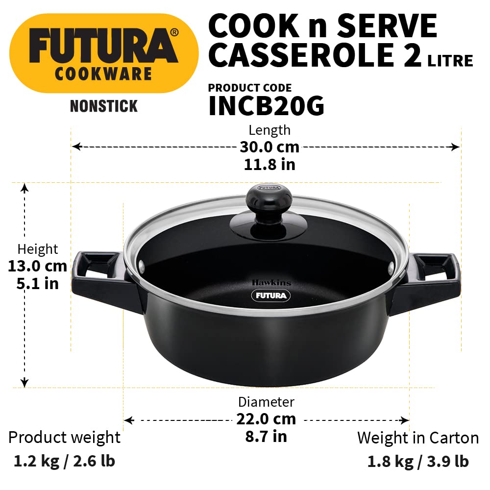 Hawkins Futura Hard anodised Cook and Serve Casserole With Glass Lid 2 Litres | 22 cms, 3.25mm | Induction Base - INCB 20G