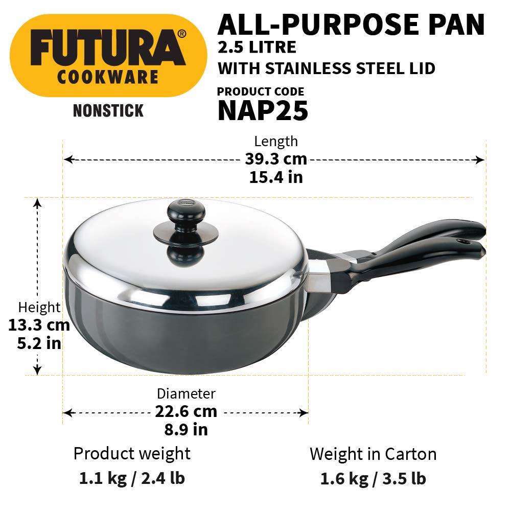 Hawkins Futura Nonstick All-Purpose Pan 2.5 Litres, 22 cm, 3.25 mm with SS lid - NAP 25