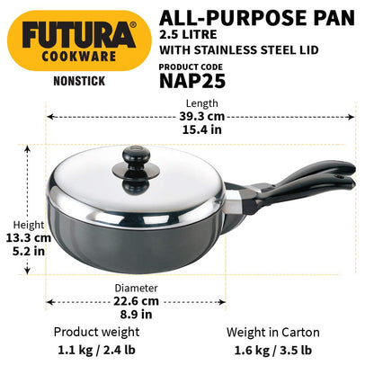 Hawkins Futura Nonstick All-Purpose Pan 2.5 Litres, 22 cm, 3.25 mm with SS lid - NAP 25