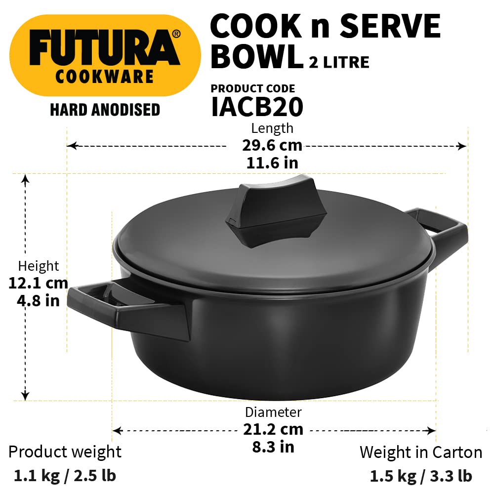 Hawkins Futura Hard anodised Cook and Serve Bowl | Casserole 2 Litres | 20 cms, 4.06mm, Induction Base -IACB 20