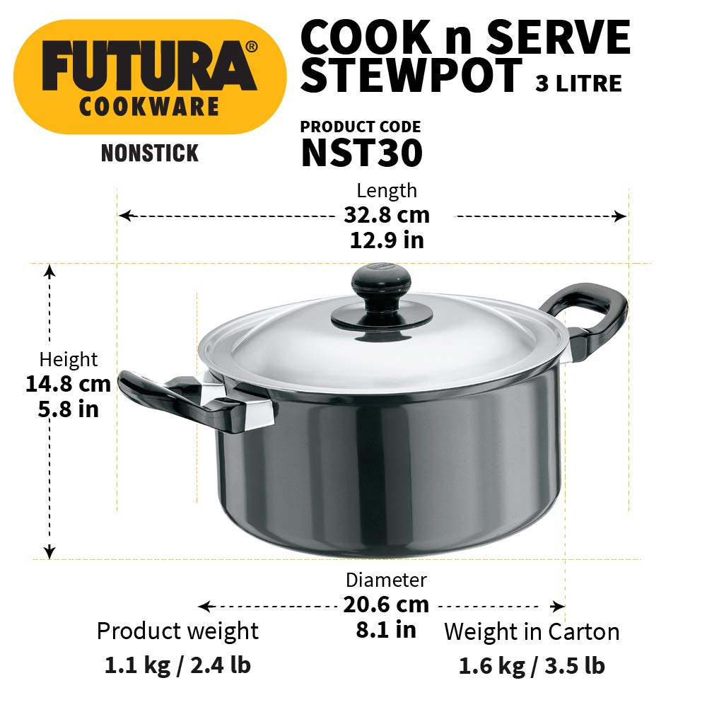 Hawkins Futura Hard anodised Cook and Serve Stew Pot | Casserole With Stainless Steel Lid 3 Litres | 20 cms, 3.25mm - NST 30