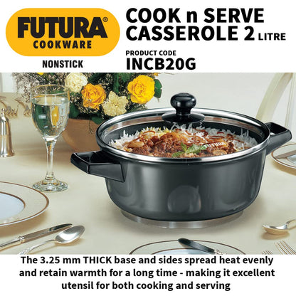 Hawkins Futura Hard anodised Cook and Serve Casserole With Glass Lid 2 Litres | 22 cms, 3.25mm | Induction Base - INCB 20G