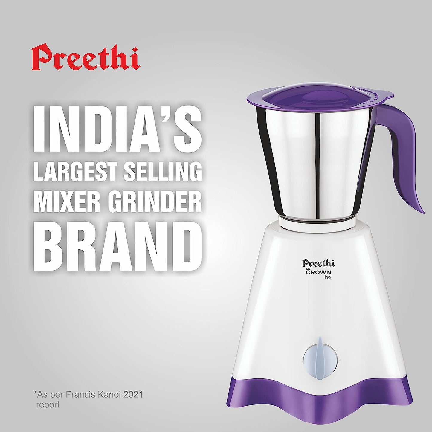 Preethi Crown Pro MG-254 Mixer grinder, 600 watt, White/Purple, 3 Jars with 5yr Motor Warranty