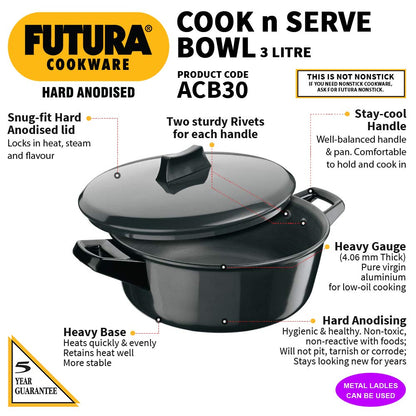 Hawkins Futura Hard anodised Cook and Serve Bowl | Casserole 3 Litres | 24 cms, 4.06mm - ACB 30