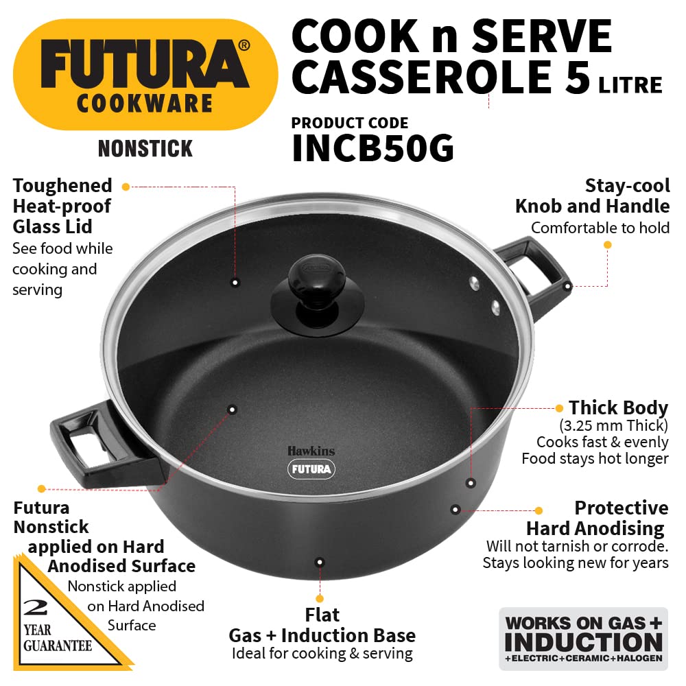 Hawkins Futura Hard anodised Cook and Serve Casserole With Glass Lid 5 Litres | 28 cms, 4.06mm | Induction Base - INCB 50G