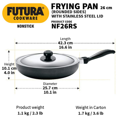 Hawkins Futura Non-stick Fry Pan With Stainless Steel Lid 26cms, 3.25mm, Rounded Sides - NF 26RS