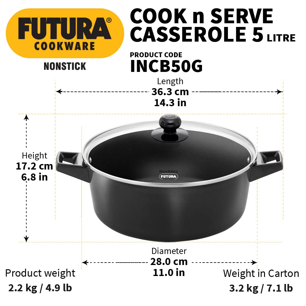 Hawkins Futura Hard anodised Cook and Serve Casserole With Glass Lid 5 Litres | 28 cms, 4.06mm | Induction Base - INCB 50G