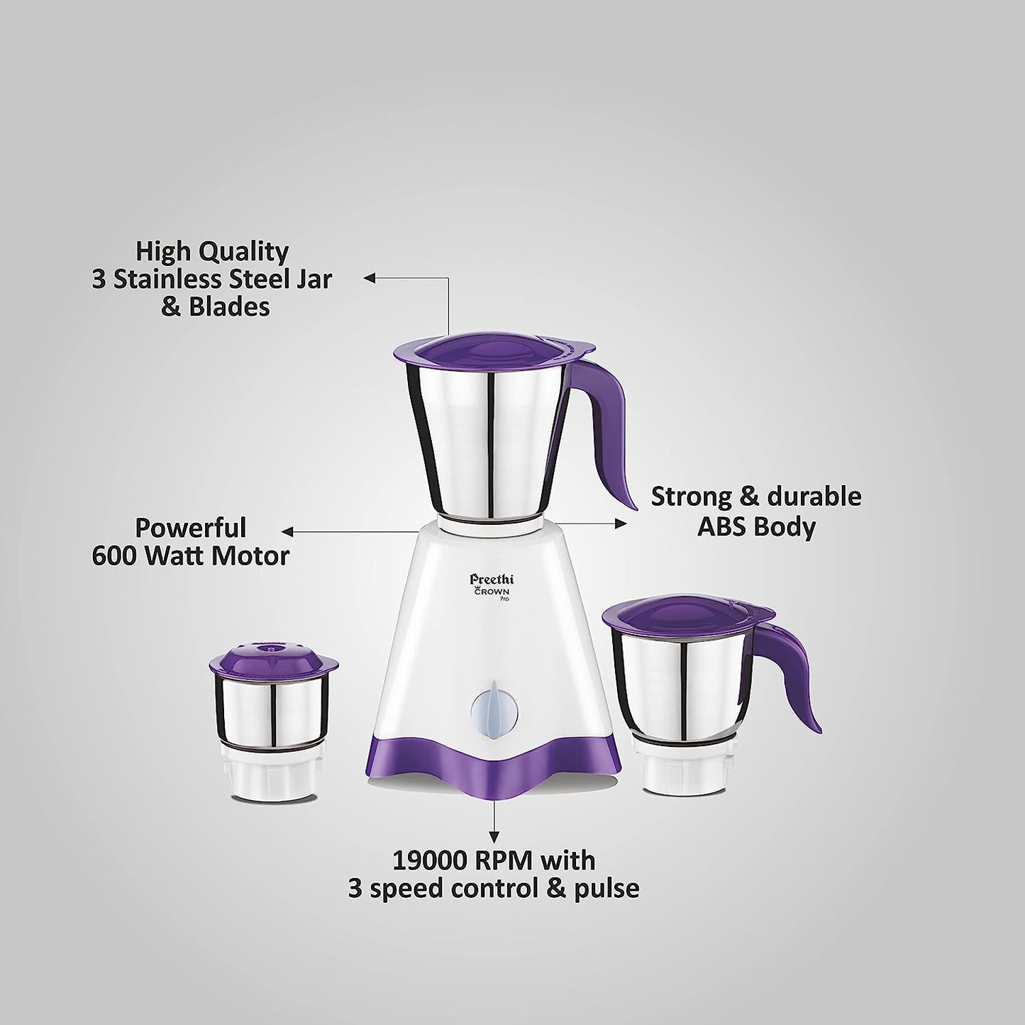 Preethi Crown Pro MG-254 Mixer grinder, 600 watt, White/Purple, 3 Jars with 5yr Motor Warranty