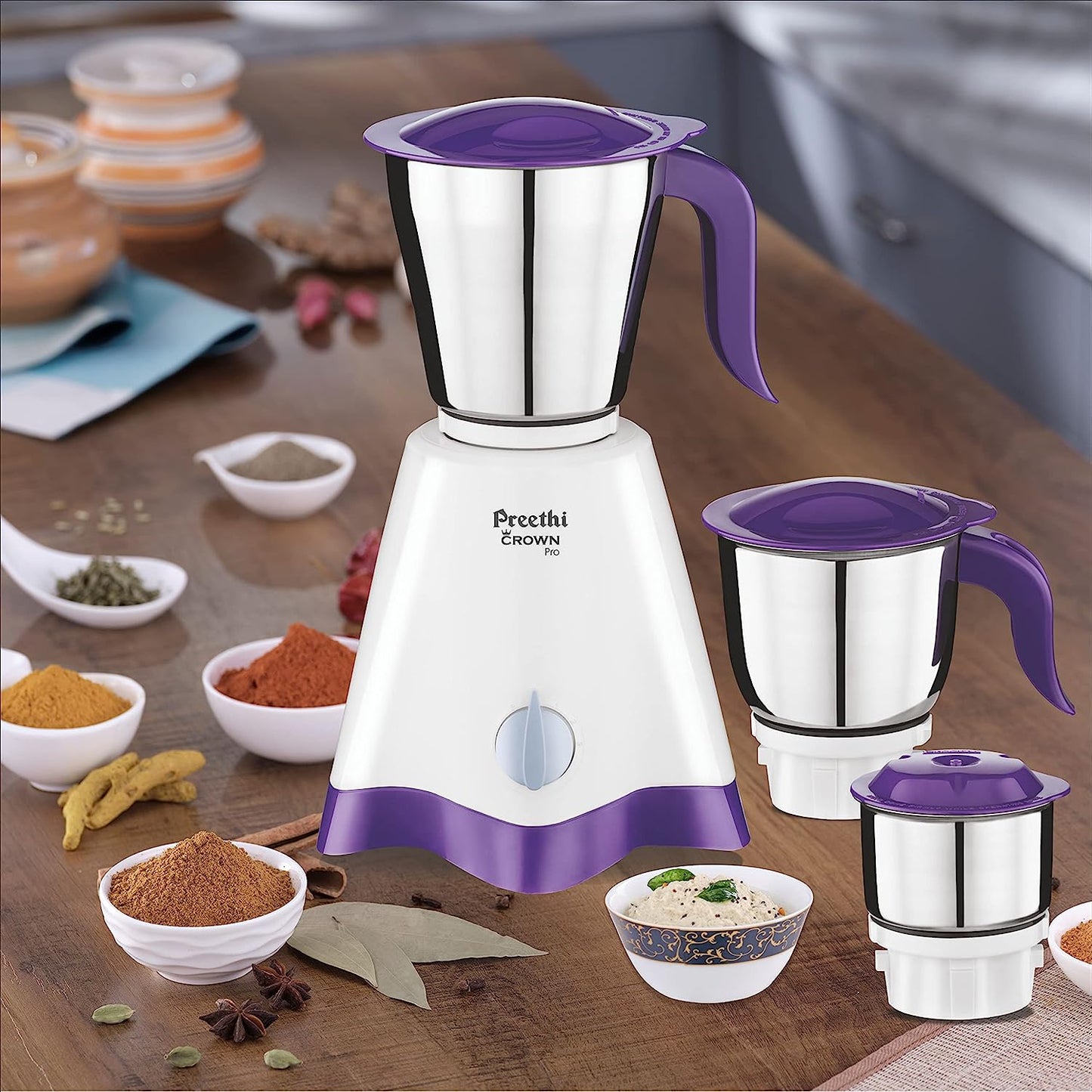 Preethi Crown Pro MG-254 Mixer grinder, 600 watt, White/Purple, 3 Jars with 5yr Motor Warranty