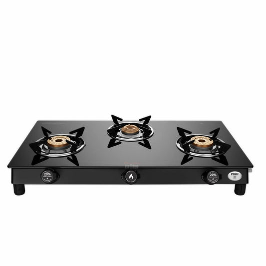 Preethi Bluflame Sparkle Power Duo 3 Burner Glass top Gas Stove with Power Burner and Swirl flame technology, saves gas and cooks faster, Manual Ignition, Black - GTS 403