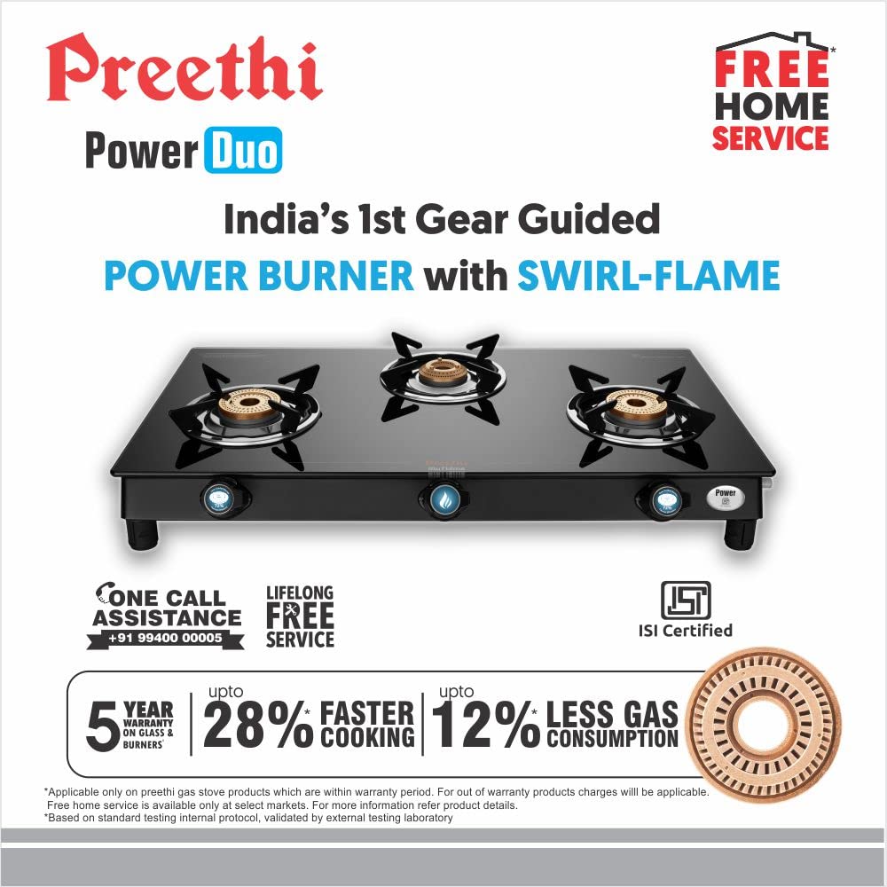 Preethi Bluflame Sparkle Power Duo 3 Burner Glass top Gas Stove with Power Burner and Swirl flame technology, saves gas and cooks faster, Manual Ignition, Black - GTS 403