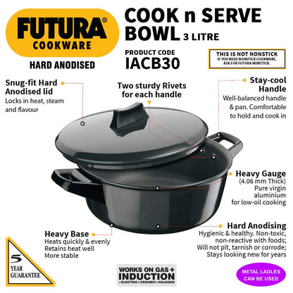 Hawkins Futura Hard anodised Cook and Serve Bowl | Casserole 3 Litres | 24 cms, 4.06mm, Induction Base - IACB 30