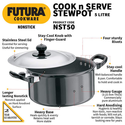 Hawkins Futura Hard anodised Cook and Serve Stew Pot | Casserole With Stainless Steel Lid 5 Litres | 24 cms, 3.25mm - NST 50