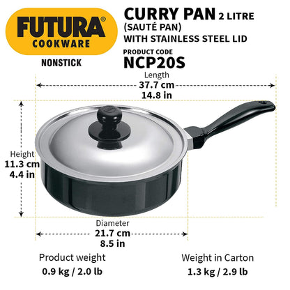 Hawkins Futura Nonstick Curry Pan (Saute Pan) With Stainless Steel Lid 2 Litres | 20 cm, 3.25 mm - NCP 20S