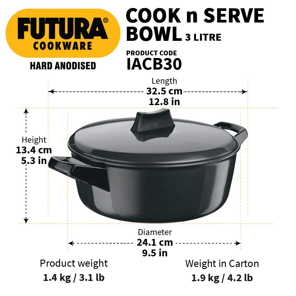 Hawkins Futura Hard anodised Cook and Serve Bowl | Casserole 3 Litres | 24 cms, 4.06mm, Induction Base - IACB 30