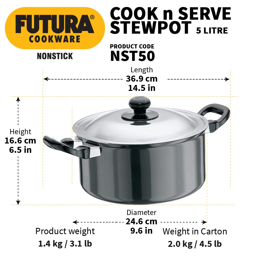 Hawkins Futura Hard anodised Cook and Serve Stew Pot | Casserole With Stainless Steel Lid 5 Litres | 24 cms, 3.25mm - NST 50