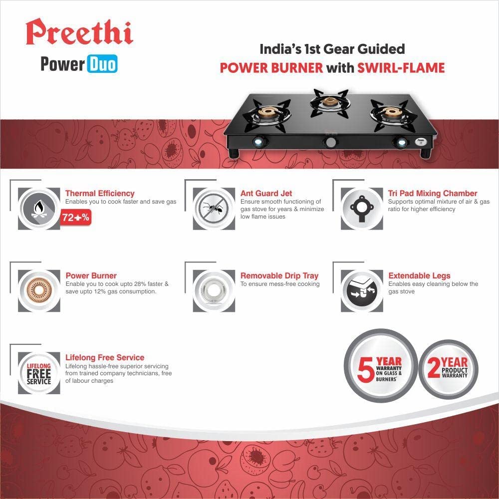 Preethi Bluflame Sparkle Power Duo 3 Burner Glass top Gas Stove with Power Burner and Swirl flame technology, saves gas and cooks faster, Manual Ignition, Black - GTS 403