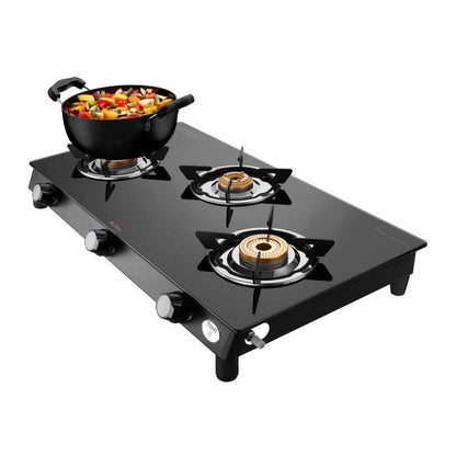 Preethi Bluflame Sparkle Power Duo 3 Burner Glass top Gas Stove with Power Burner and Swirl flame technology, saves gas and cooks faster, Manual Ignition, Black - GTS 403