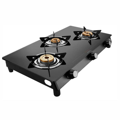 Preethi Bluflame Sparkle Power Duo 3 Burner Glass top Gas Stove with Power Burner and Swirl flame technology, saves gas and cooks faster, Manual Ignition, Black - GTS 403