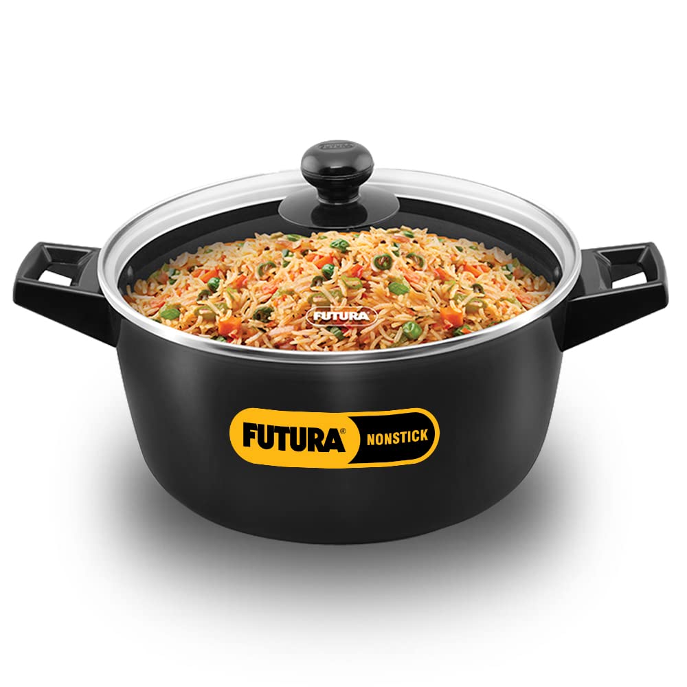 Hawkins Futura Hard anodised Cook and Serve Casserole With Glass Lid 4 Litres | 24 cms, 4.06mm - NCB 40G