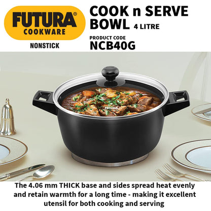 Hawkins Futura Hard anodised Cook and Serve Casserole With Glass Lid 4 Litres | 24 cms, 4.06mm - NCB 40G