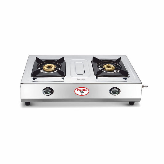 Preethi Elda Stainless Steel 2-Burner Glass Gas Stove, Manual Ignition - SSGS 001