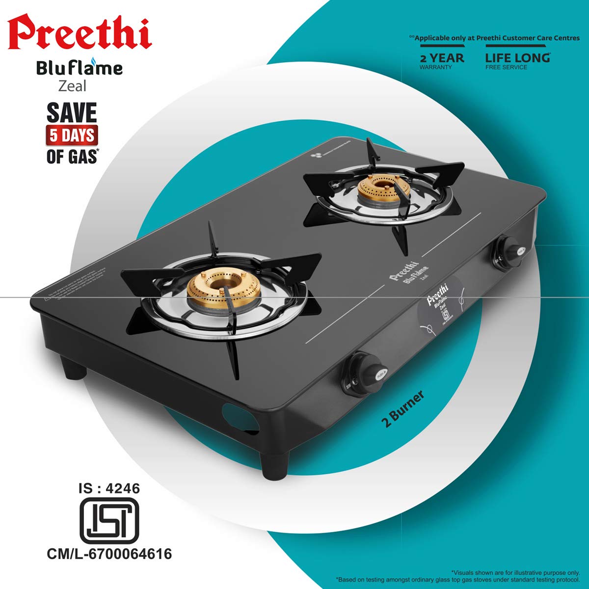 Preethi Zeal Stainless Steel 2 Burner GlassTop Gas Stove - GTS 123