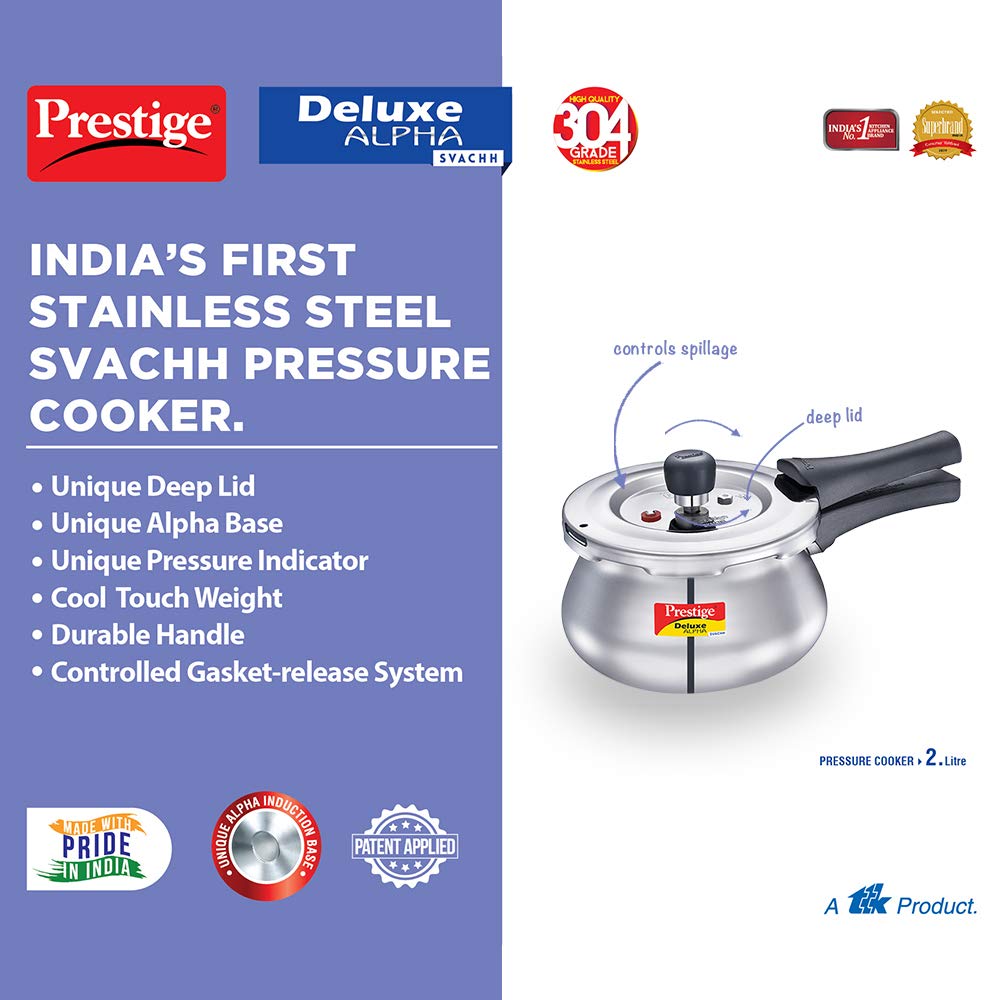 Prestige Svachh Deluxe Alpha 2 Litres Baby Handi, with Deep Lid for Spillage Control, Stainless Steel, Outer Lid - 20266