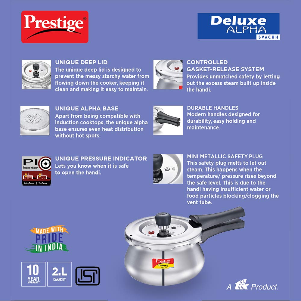 Prestige Svachh Deluxe Alpha 2 Litres Baby Handi, with Deep Lid for Spillage Control, Stainless Steel, Outer Lid - 20266