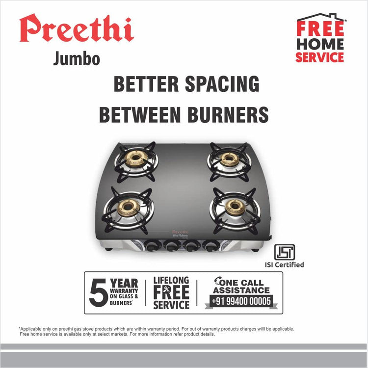 Preethi Blu Flame Jumbo Glass top 4 Burner Gas Stove, Manual Ignition, Black - GTGS 006