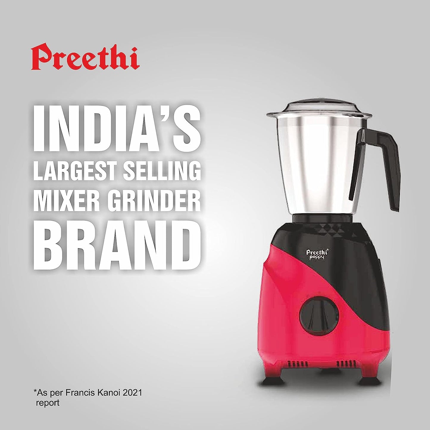 Preethi Peppy MG-245 Mixer Grinder, 750 watt, Black & Red, 3 Jars, Vega W5 Motor with 5yrs Warranty