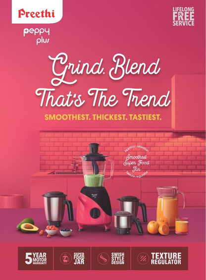 Preethi Peppy Plus MG-246 Mixer Grinder, 750 watt, Red-Black, 4 Jars - Super Food Jar with Texture Builder & 3D Airflow Technology, Vega W5 Motor with 5yr Warranty & Lifelong Free Service