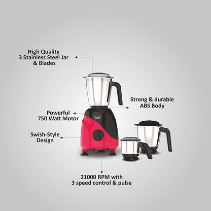 Preethi Peppy MG-245 Mixer Grinder, 750 watt, Black & Red, 3 Jars, Vega W5 Motor with 5yrs Warranty