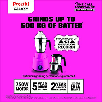 Preethi Galaxy MG225 Mixer Grinder, 750 watt, Pink, 3 Jars, Vega W5 Motor with 5yr Warranty, Lifelong Free Service