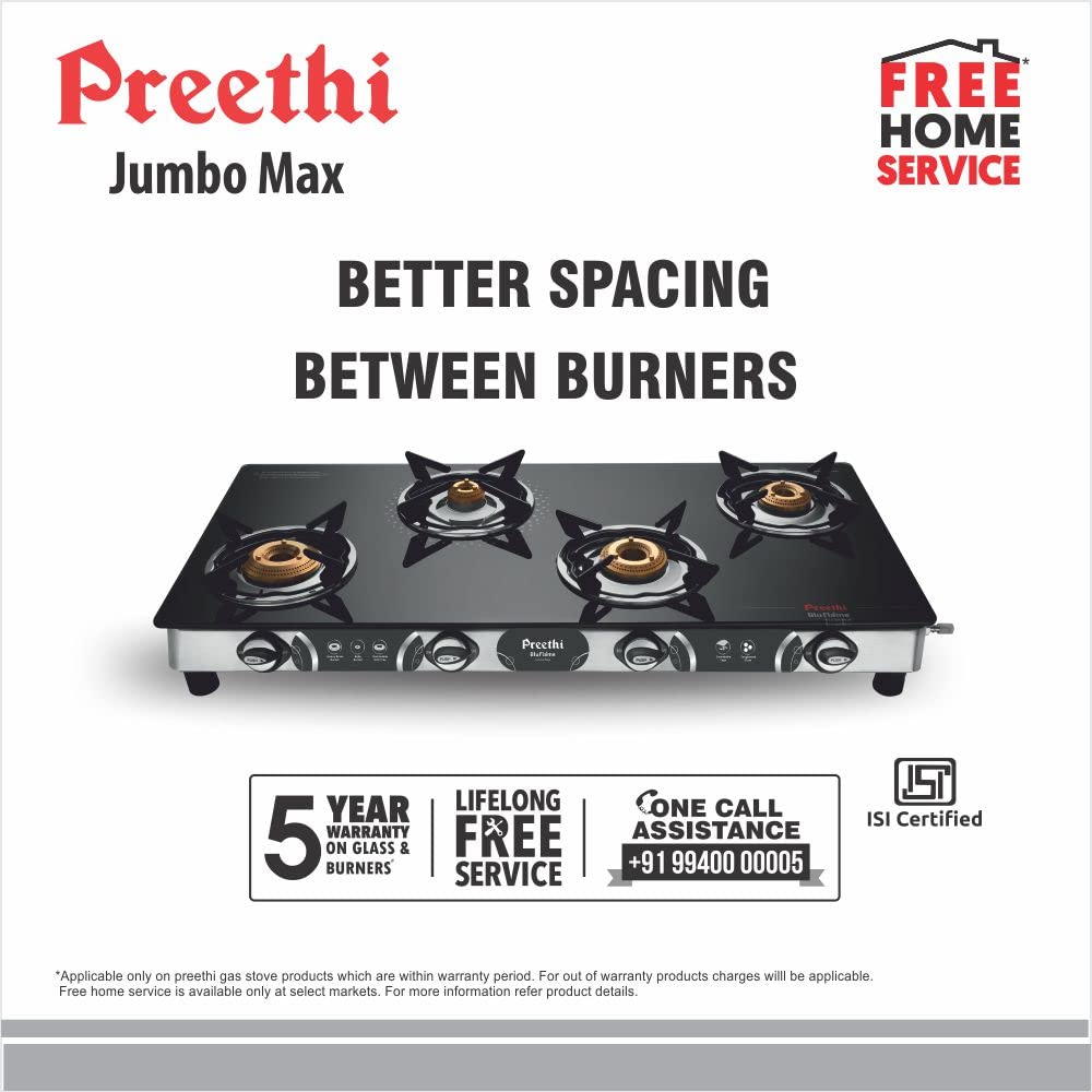 Preethi Blue Flame Jumbo Max 4 Burner Glass Top Gas Stove - GTS 118