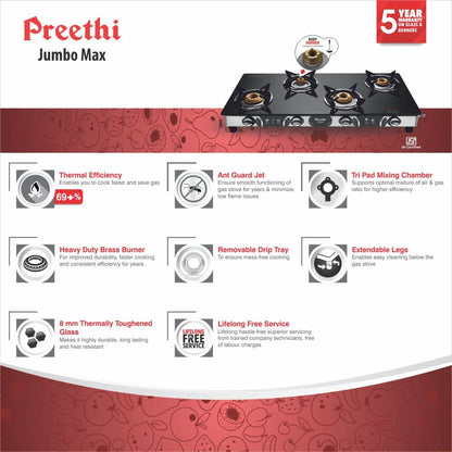 Preethi Blue Flame Jumbo Max 4 Burner Glass Top Gas Stove - GTS 118