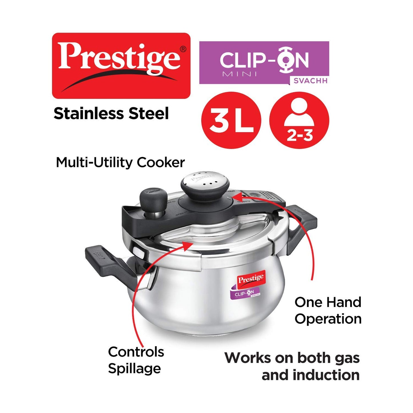 Prestige Svachh Clip-on Stainless Steel Outer Lid Pressure Handi 3 Litres - 20236