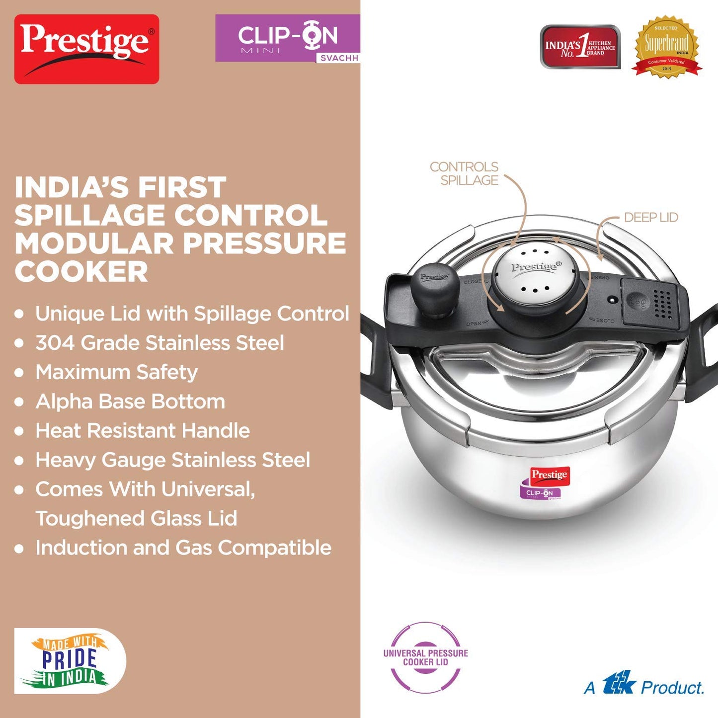 Prestige Svachh Clip-on Stainless Steel Outer Lid Pressure Handi 3 Litres - 20236