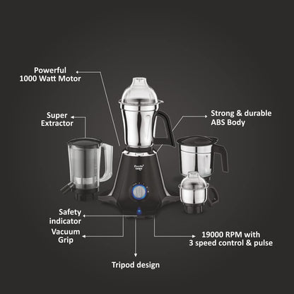 Preethi Taurus Plus MG-256 Mixer Grinder, 1000 Watt, Blue/Black 4 Jars - Super Extractor Juicer Jar, 2 Yr Product Guarantee & Lifelong Free Service(Metal)