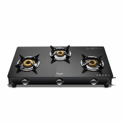 Preethi Valentino Carbon 3 Burner Glass Top Gas Stove, Black, GTS 121, Manual Ignition