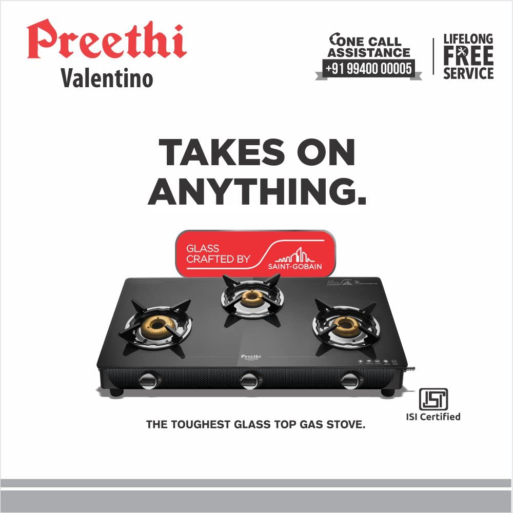 Preethi Valentino Carbon 3 Burner Glass Top Gas Stove, Black, GTS 121, Manual Ignition