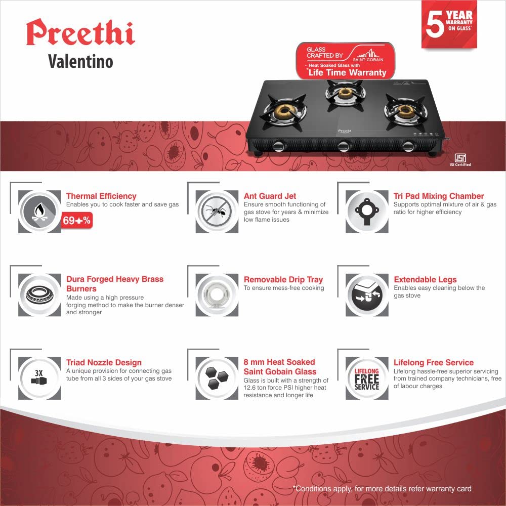 Preethi Valentino Carbon 3 Burner Glass Top Gas Stove, Black, GTS 121, Manual Ignition