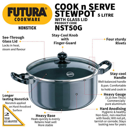 Hawkins Futura Hard anodised Cook and Serve Stew Pot | Casserole With Glass Lid 5 Litres | 24 cms, 3.25mm - NST 50G