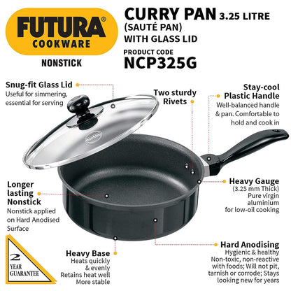 Hawkins Futura Nonstick Curry Pan (Saute Pan) With Glass Lid 3.25 Litres | 24 cm, 3.25 mm - NCP 325G