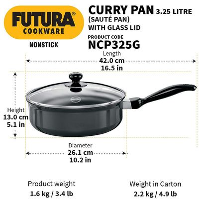 Hawkins Futura Nonstick Curry Pan (Saute Pan) With Glass Lid 3.25 Litres | 24 cm, 3.25 mm - NCP 325G