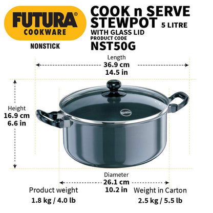 Hawkins Futura Hard anodised Cook and Serve Stew Pot | Casserole With Glass Lid 5 Litres | 24 cms, 3.25mm - NST 50G