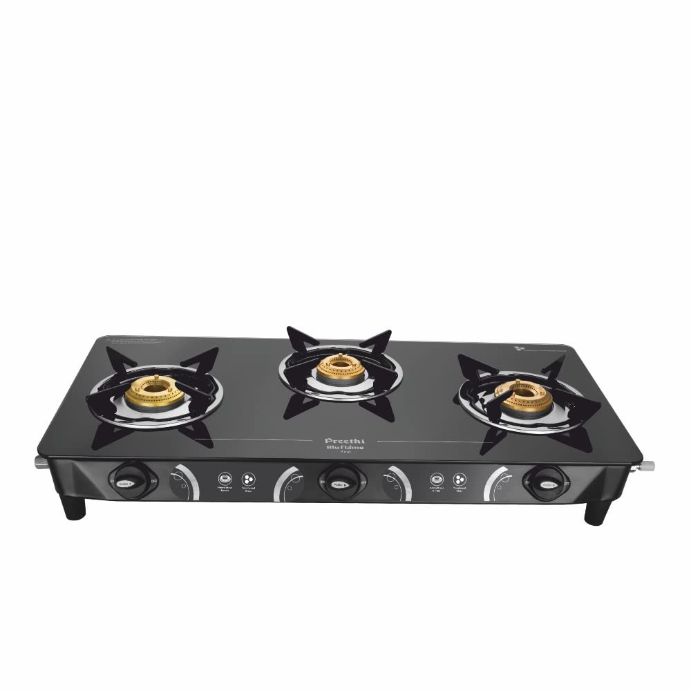 Preethi Blu Flame Zeal Plus Glass Top 3-Burner Manual Gas Stove - GTS 408